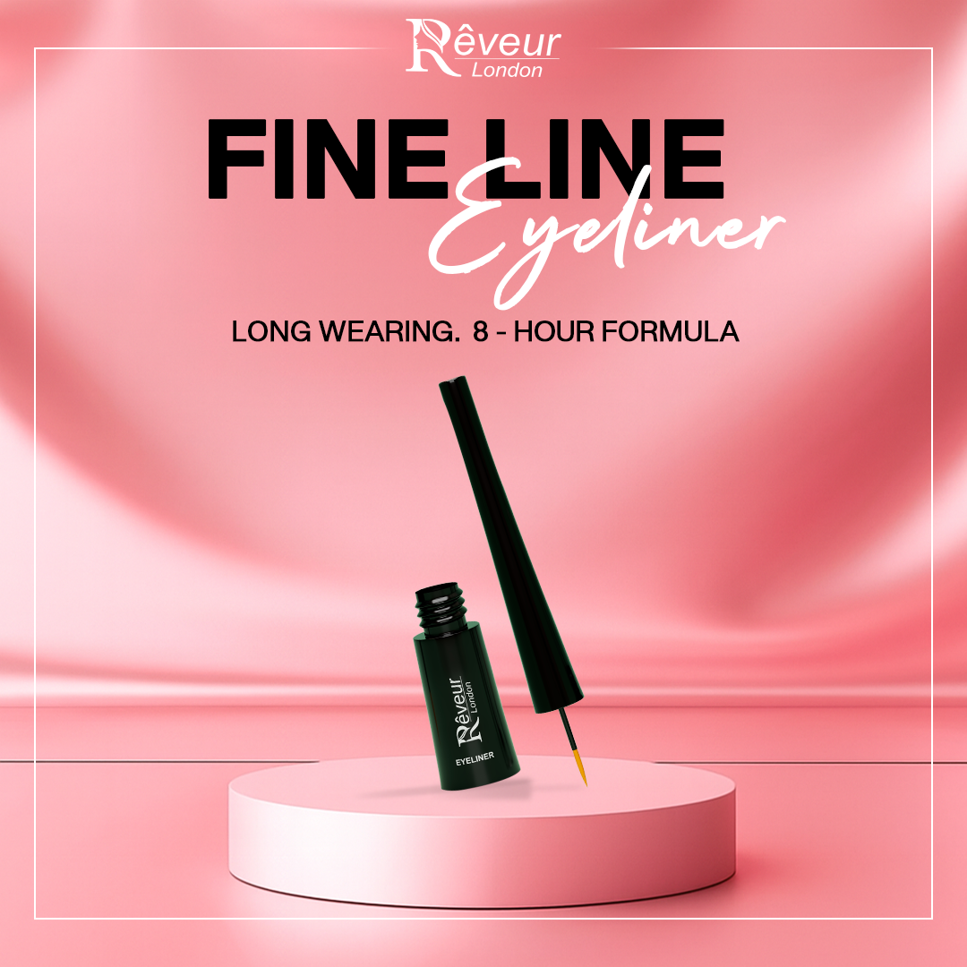 Reveur fine line eyeliner product ad — pink podium creative