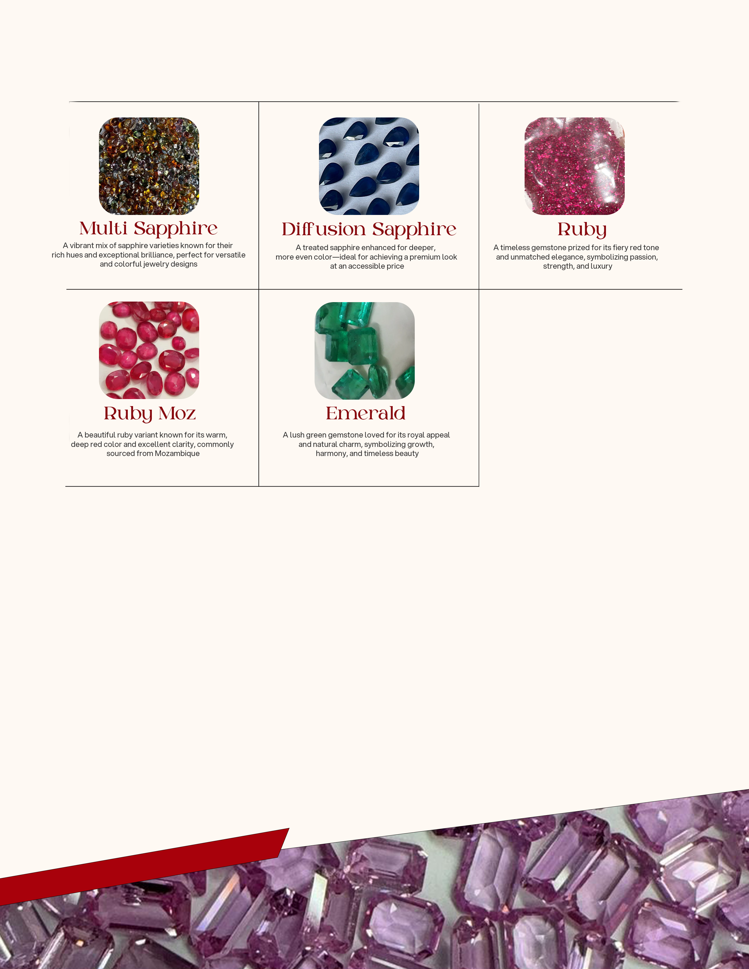 Celebration Jewellery ebook — gemstone catalog page with sapphire, ruby and emerald